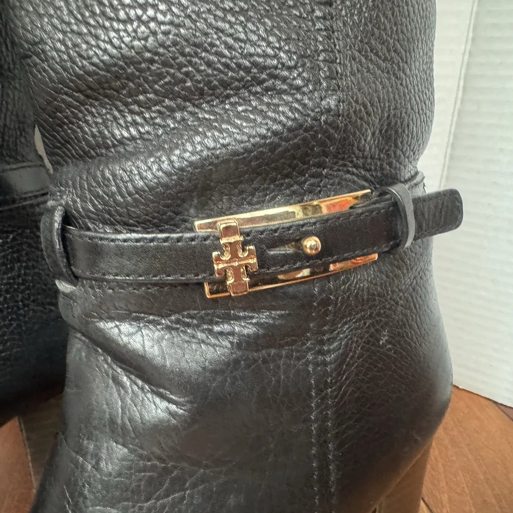 Tory Burch Jenna Leather Knee High Riding Boots Size:8 Black Square Toe